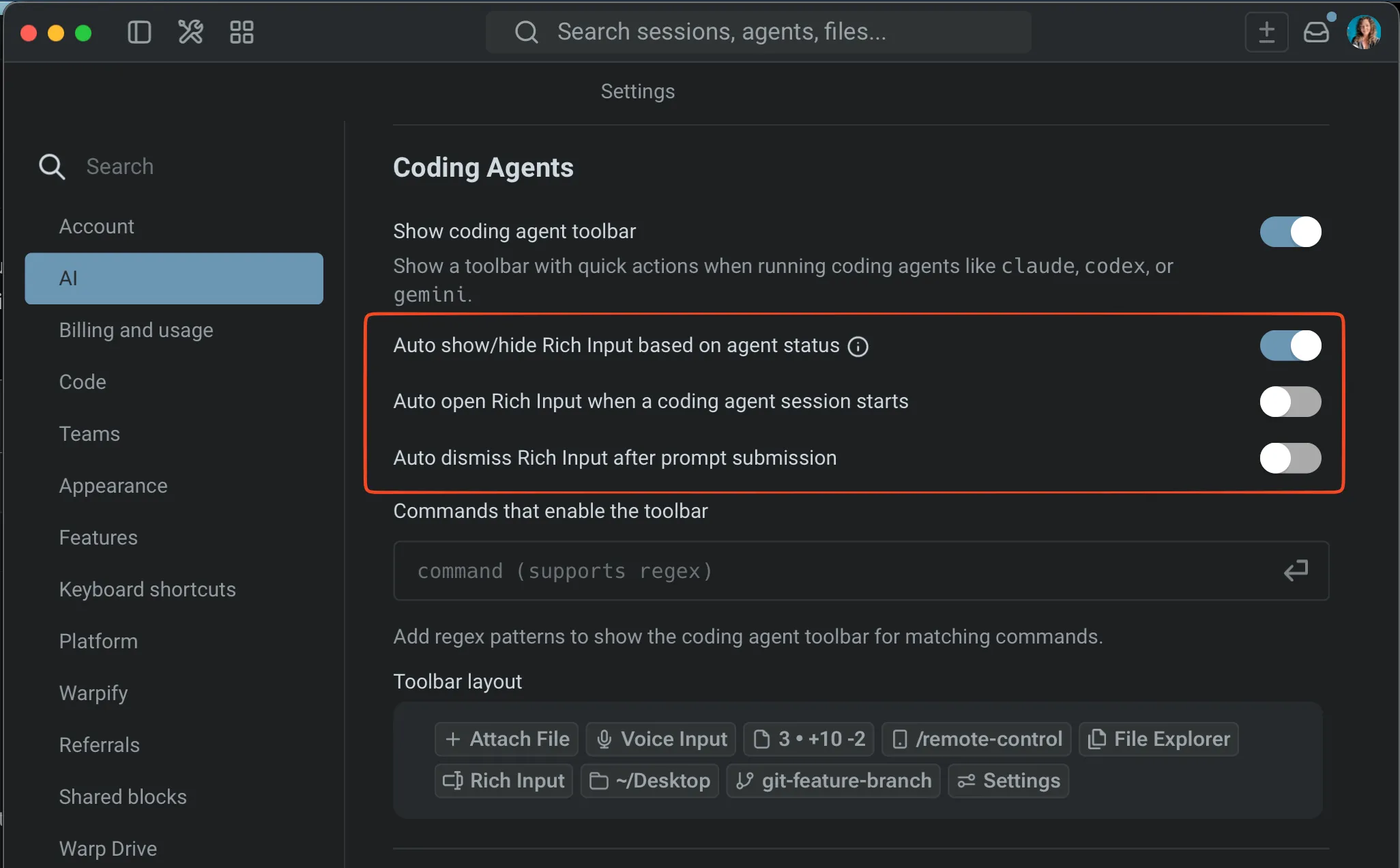 Rich input settings panel